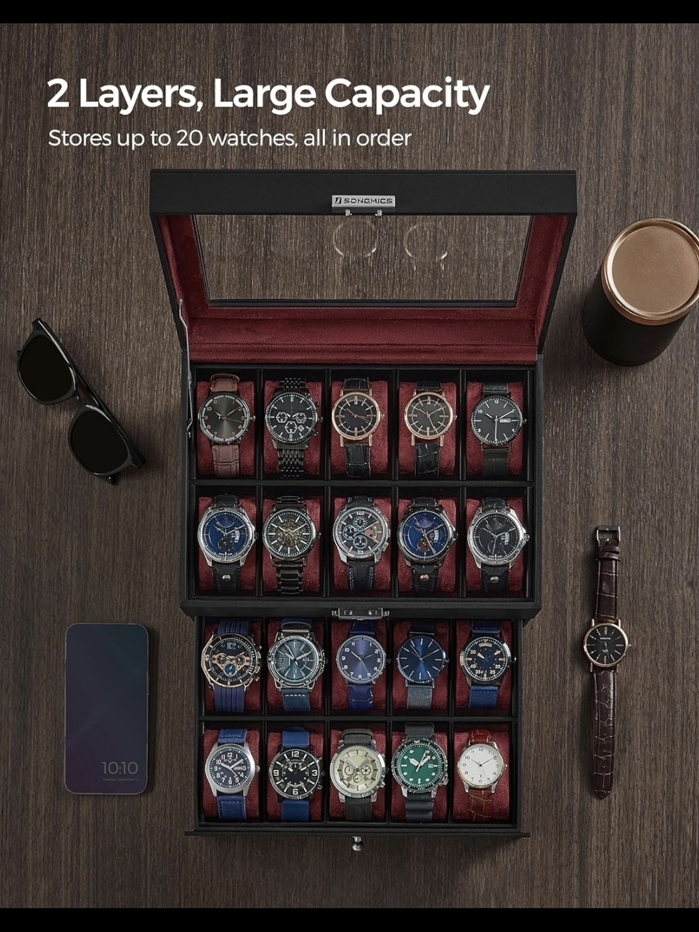20-Slot Lockable Synthetic Leather Watch Box With Wine Red Lining